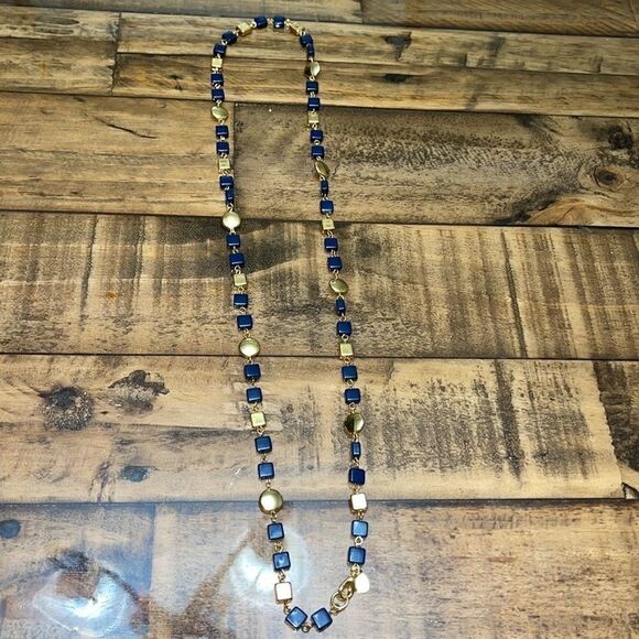 Worthington square gold & navy blue bead necklace - Picture 2 of 6